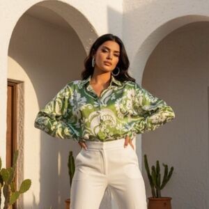 HAVER LONDON Green White Paisley Patterned Button Up Faux Silk Blouse Top Xlarge